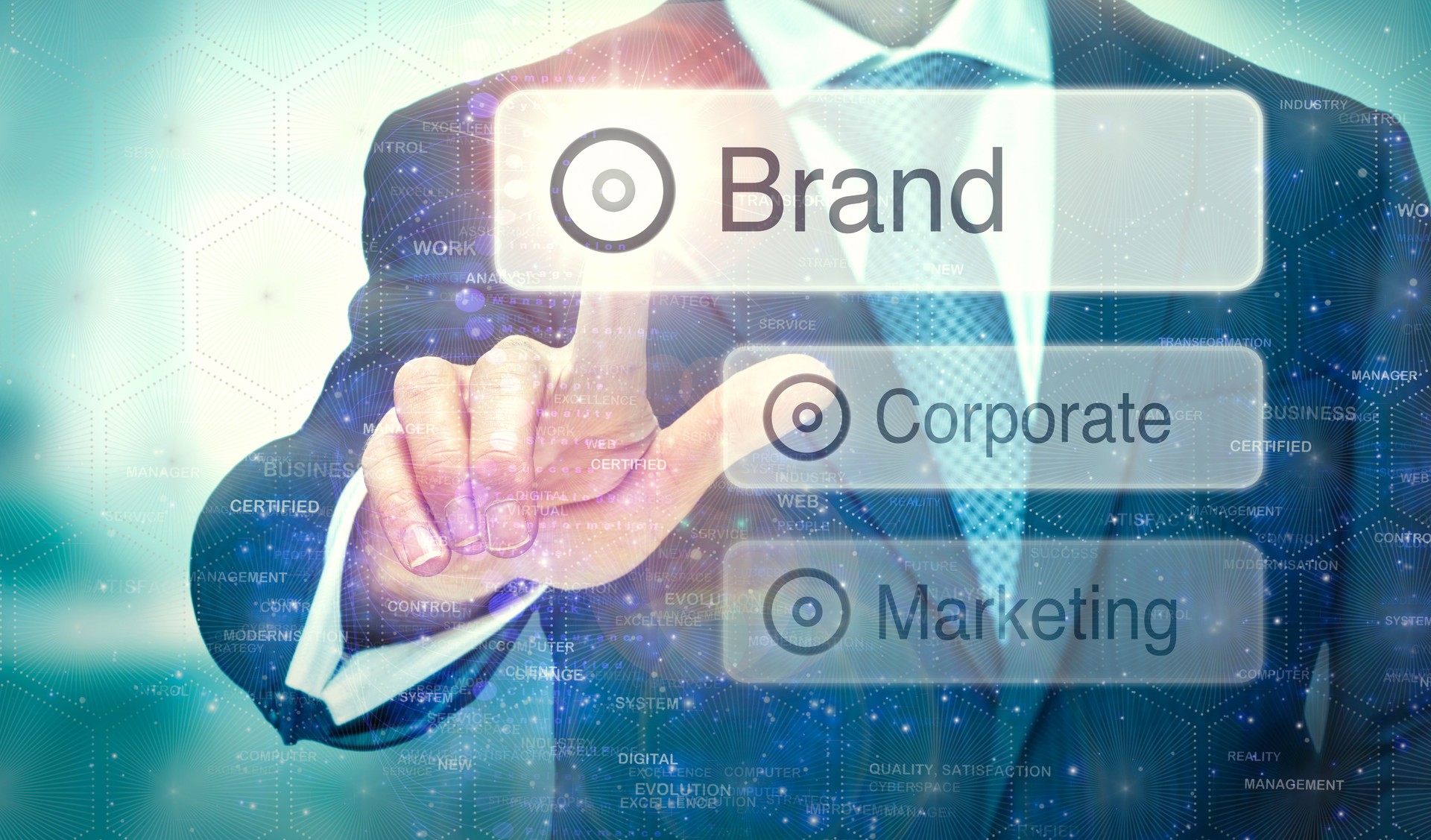 Futuristic display with a Brand concept written on it.